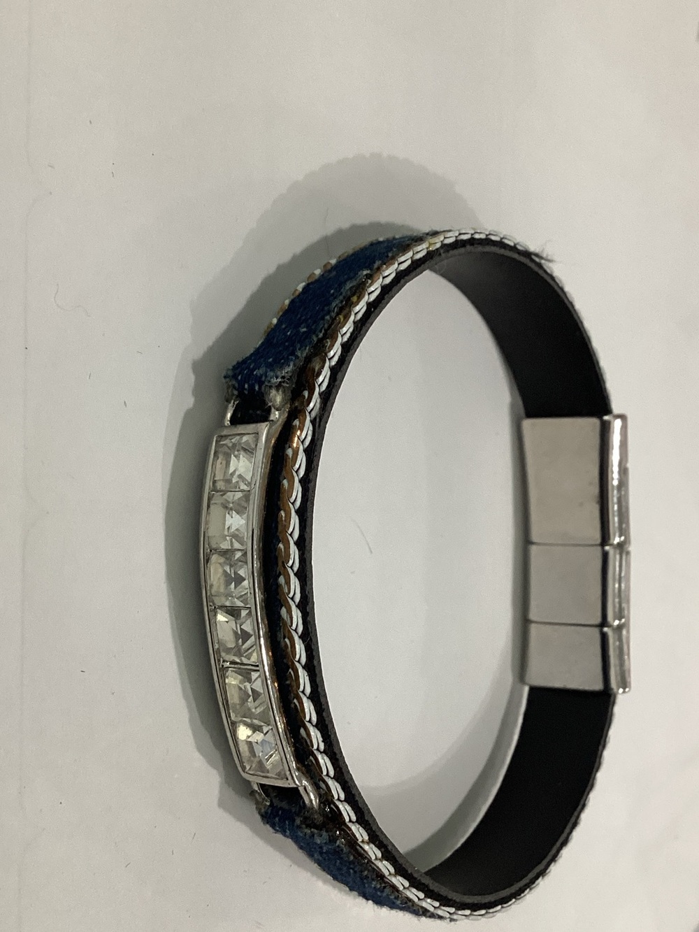 Plunder Blue and Silver Leather Bracelet with Crystal Bar